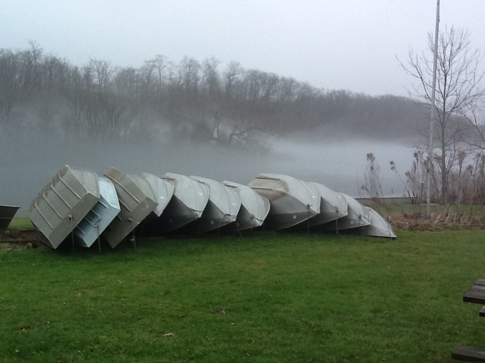 Rowboats in the fog at Punderson Lake